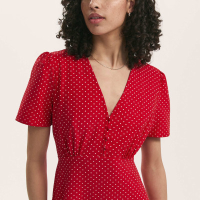 Polka Dot V-Neck Midi Tea Dress