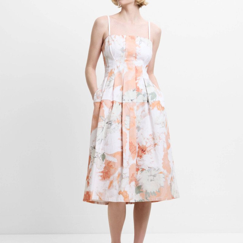 Denim Floral Square Neck Midi Skater Dress