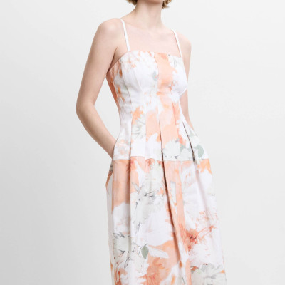 Denim Floral Square Neck Midi Skater Dress