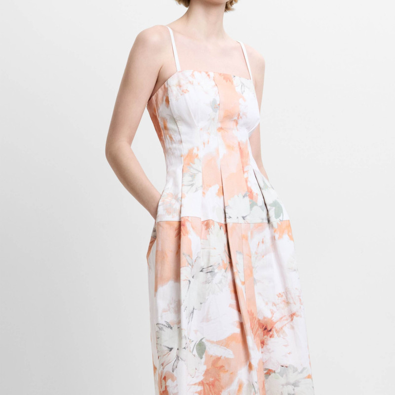 Denim Floral Square Neck Midi Skater Dress