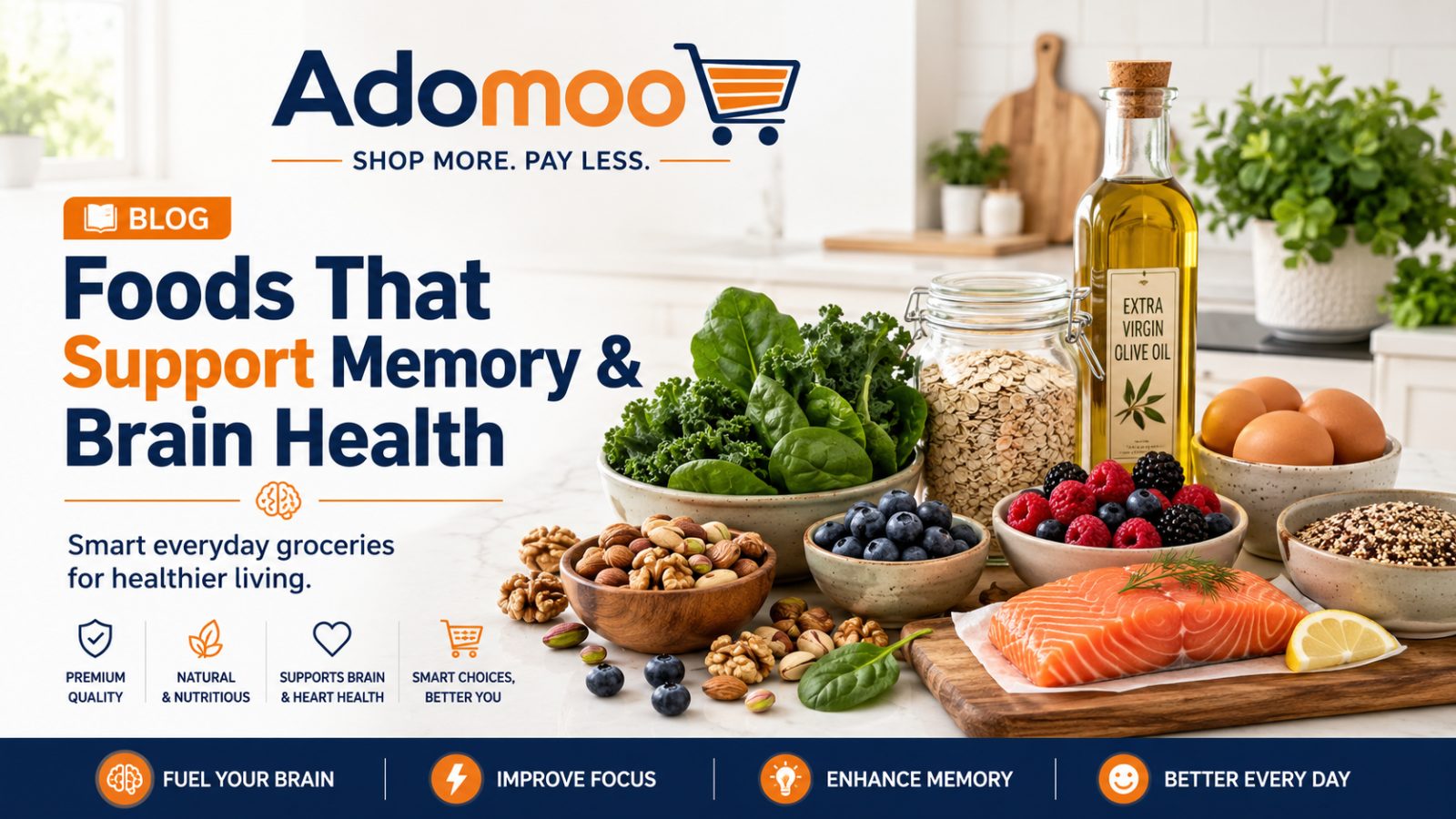  Brain-friendly groceries including vegetables, fruit, oats, eggs, fish, nuts and olive oil from Adomoo.