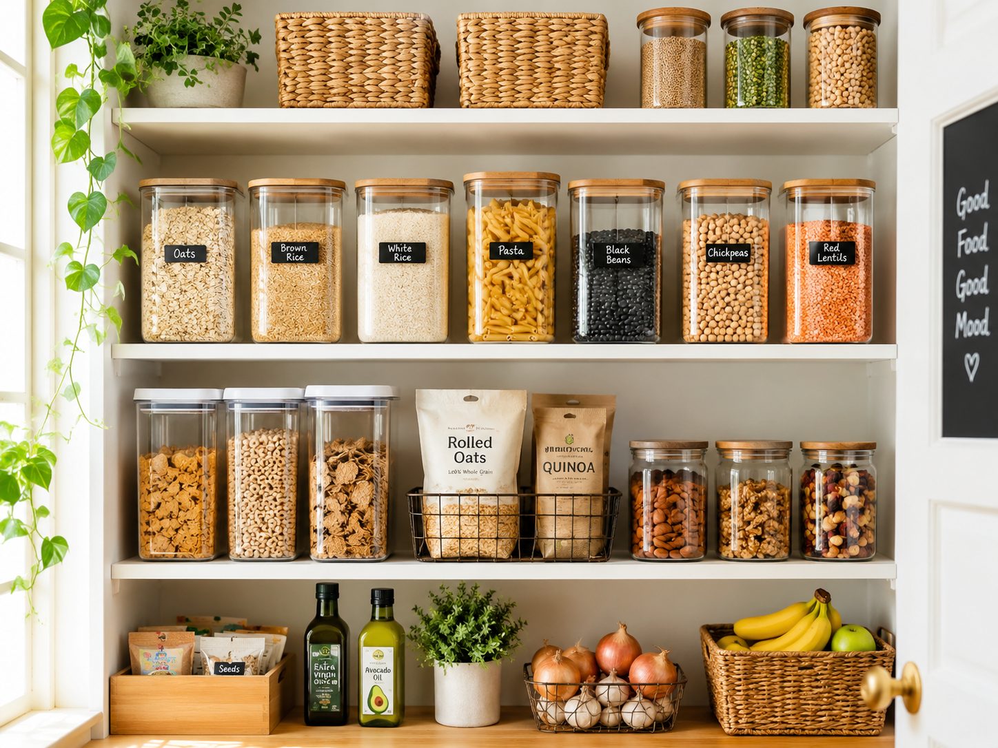 Tidy pantry with organised food storage, including jars of honey stored away from direct sunlight