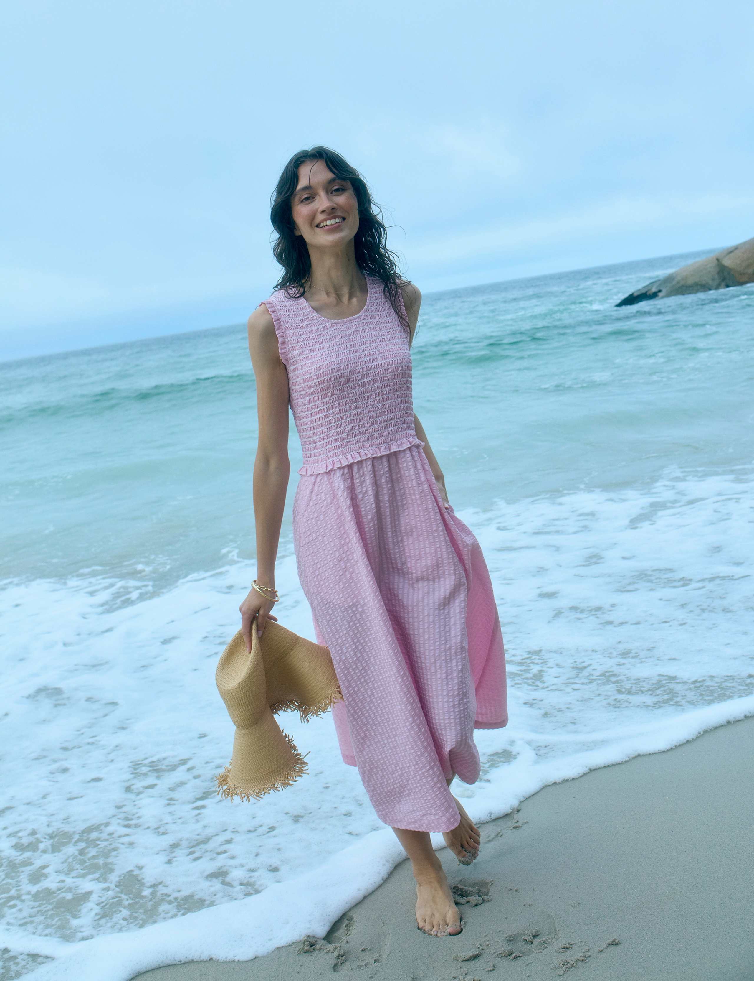 Poloma Round Neck Midi Shirred Dress