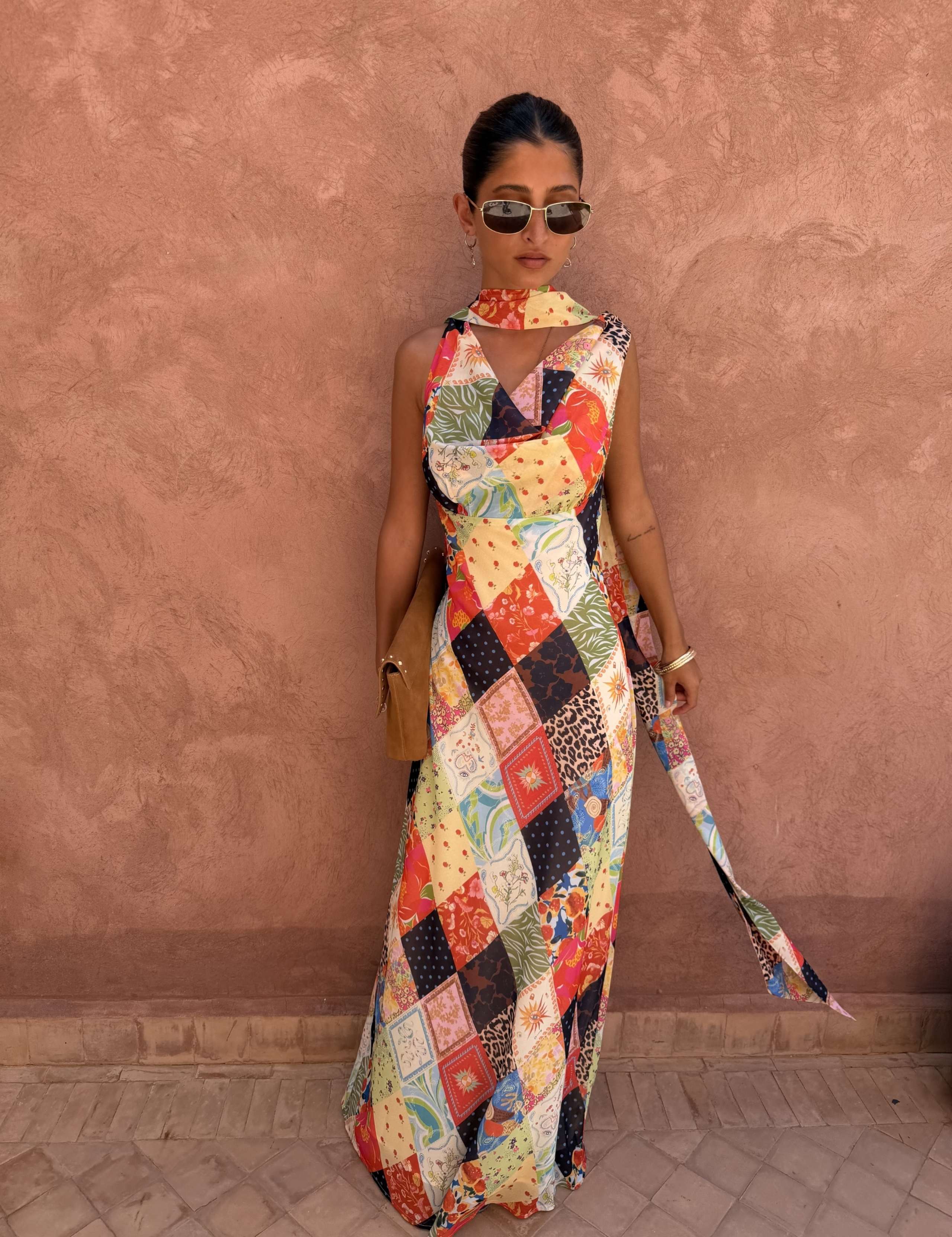 Printed Cowl Neck Maxi Fitted Dress