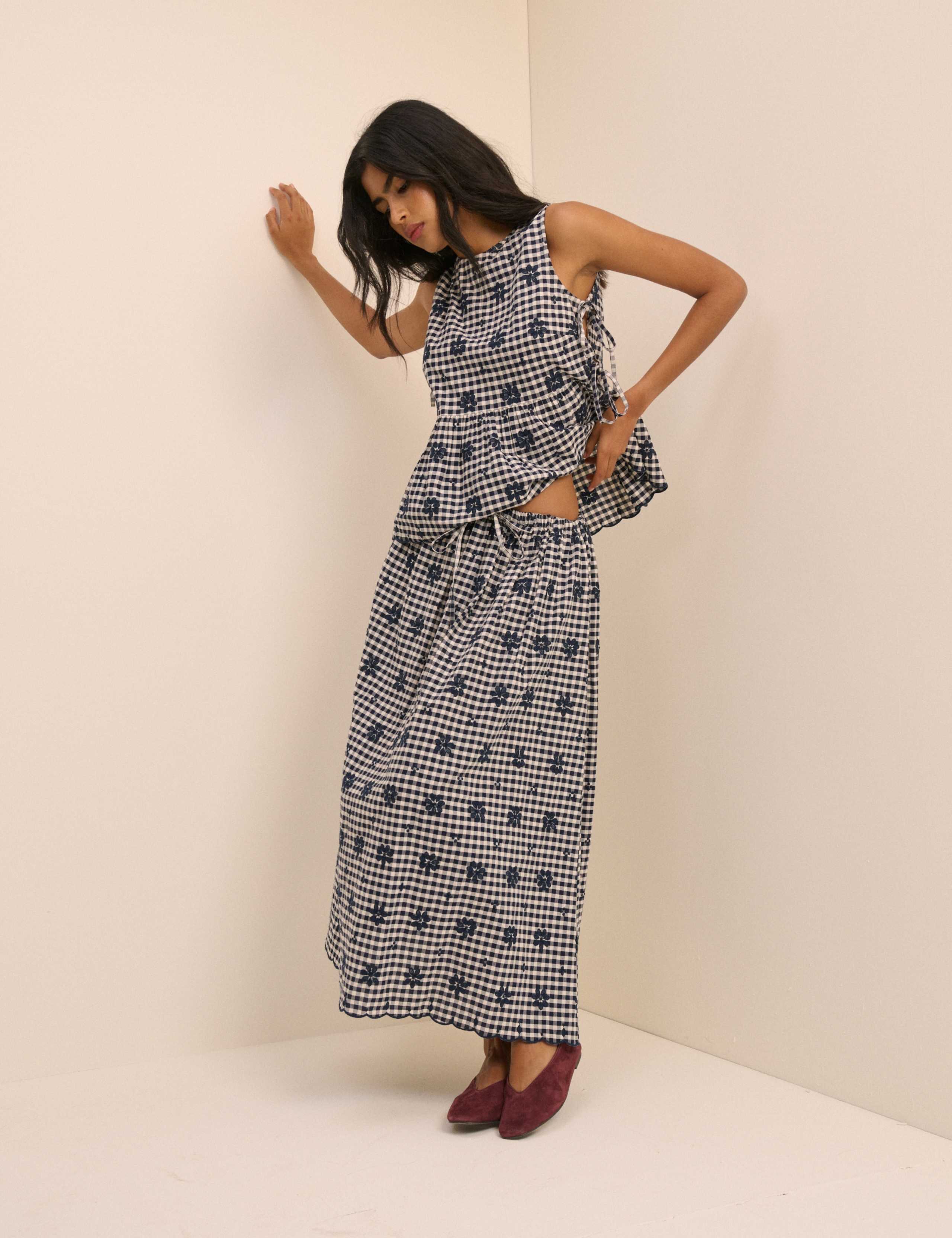 Cotton Rich Checked Midi A-Line Skirt