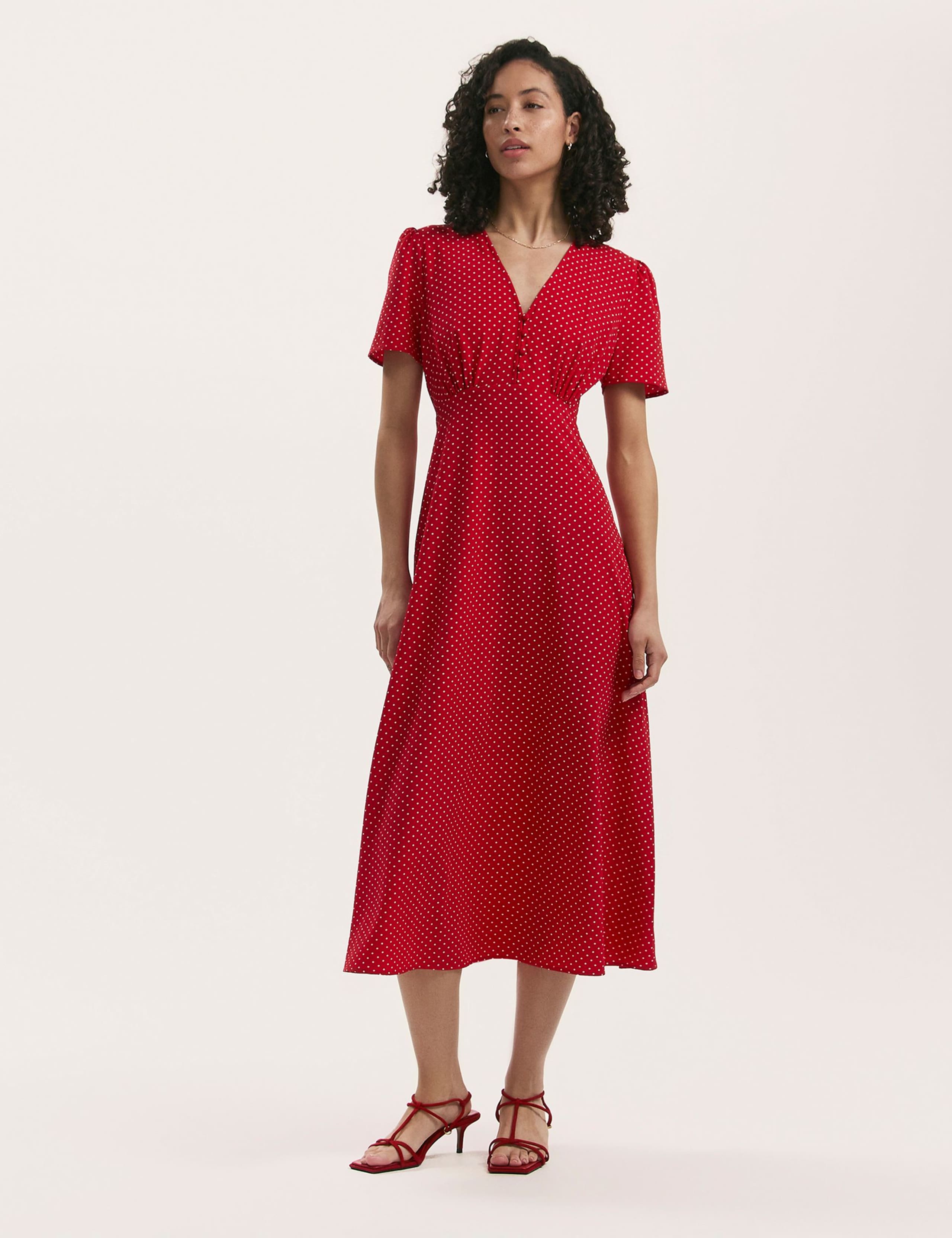 Polka Dot V-Neck Midi Tea Dress